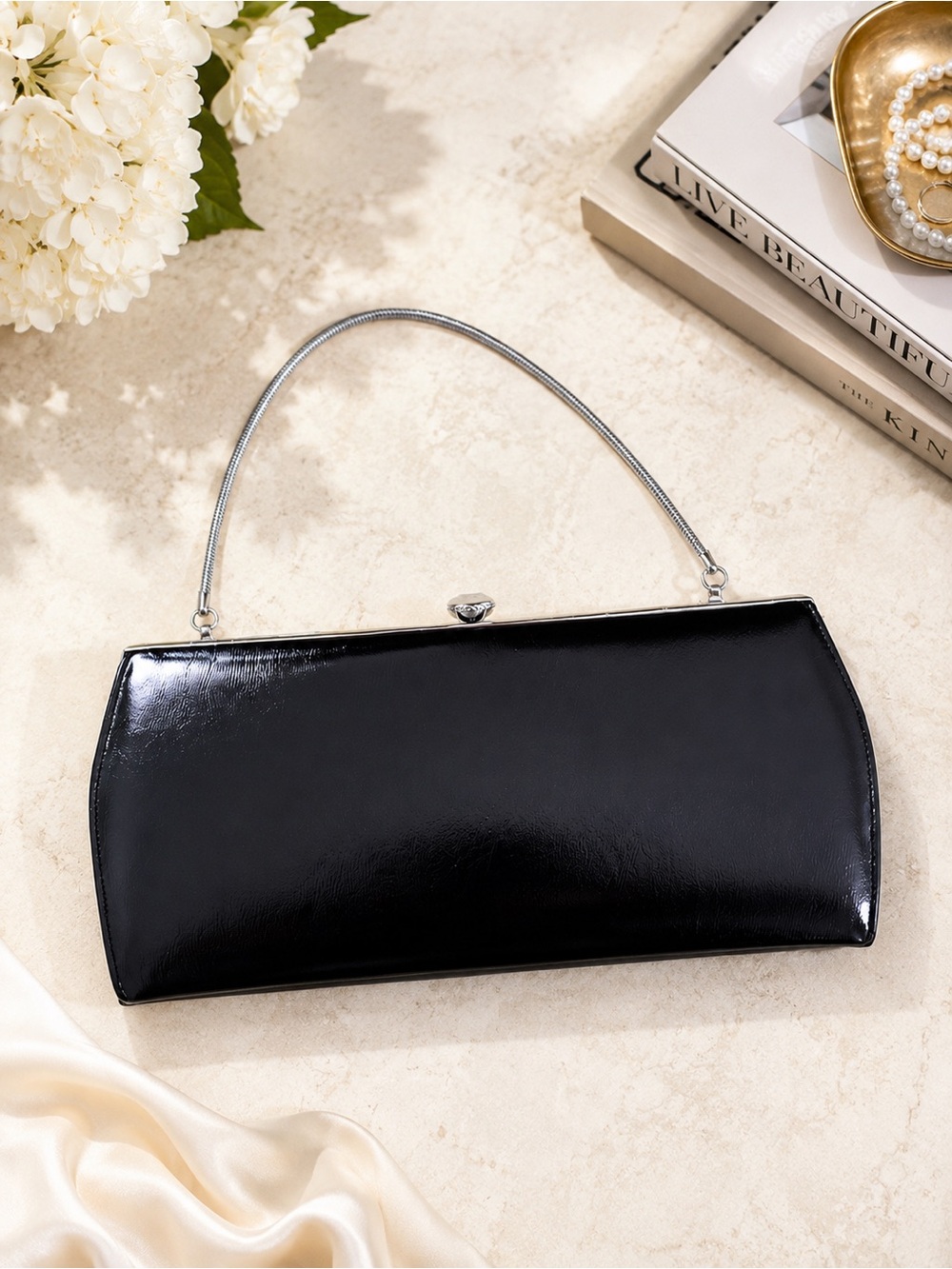 Vintage Black Vinyl Clutch Purse | Patent Look Evening Bag